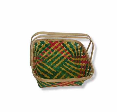 Madurai Bamboo Craft Square Basket With Handle Without Color  8X8 Inch