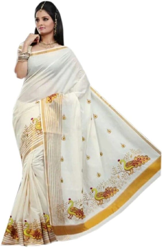 Embroidered Kasavu Cotton Blend Saree  (White)