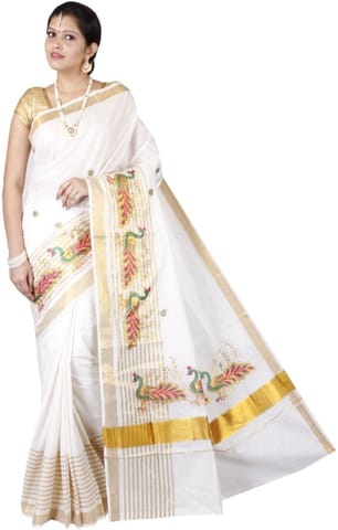 Striped, Embroidered Fashion Handloom Cotton Blend Saree (Multicolor)