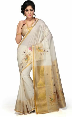 Embroidered Kota Doria Cotton Blend Saree (White)