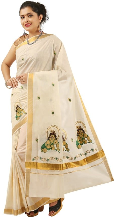 Embroidered Kasavu Cotton Blend Saree (Beige)