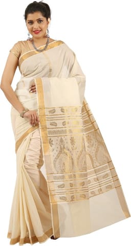 Self Design Kasavu Cotton Blend Saree (Beige)