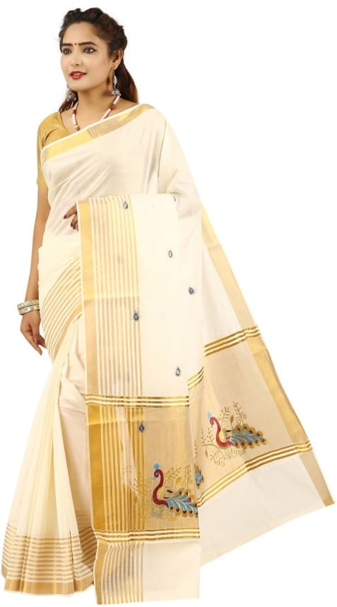 Embroidered Kasavu Handloom Cotton Blend Saree (Beige)