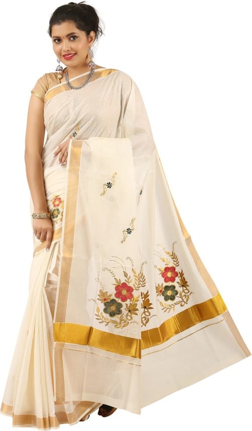 Embroidered Kasavu Cotton Blend Saree (Beige)