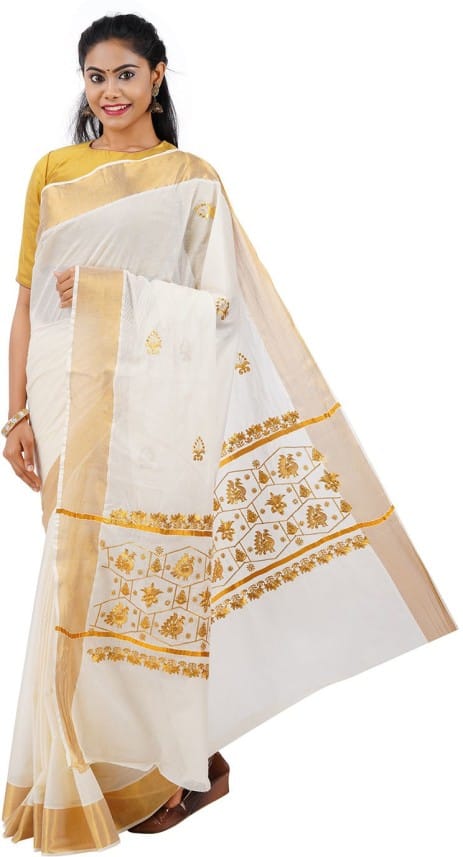 Printed Kasavu Cotton Blend Saree (Gold)