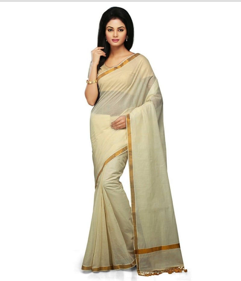 Solid Fashion Cotton Blend Saree (White)