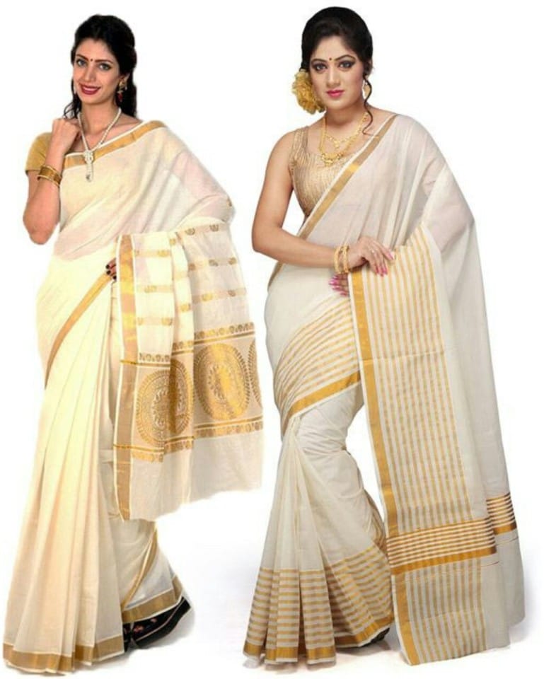 Solid Balarampuram Handloom Cotton Blend Saree (Pack of 2, Gold)