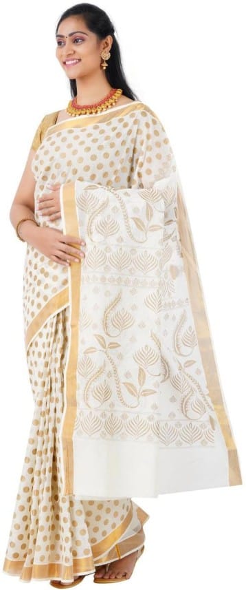 Printed Kasavu Pure Cotton Saree (Gold)