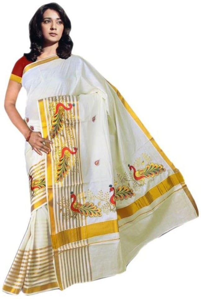 Embroidered Fashion Cotton Blend Saree (White)