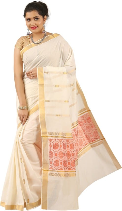 Self Design Fashion Cotton Blend Saree (Beige)