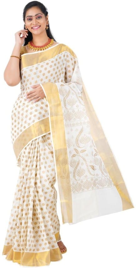 Printed Kasavu Pure Cotton Saree (Gold)