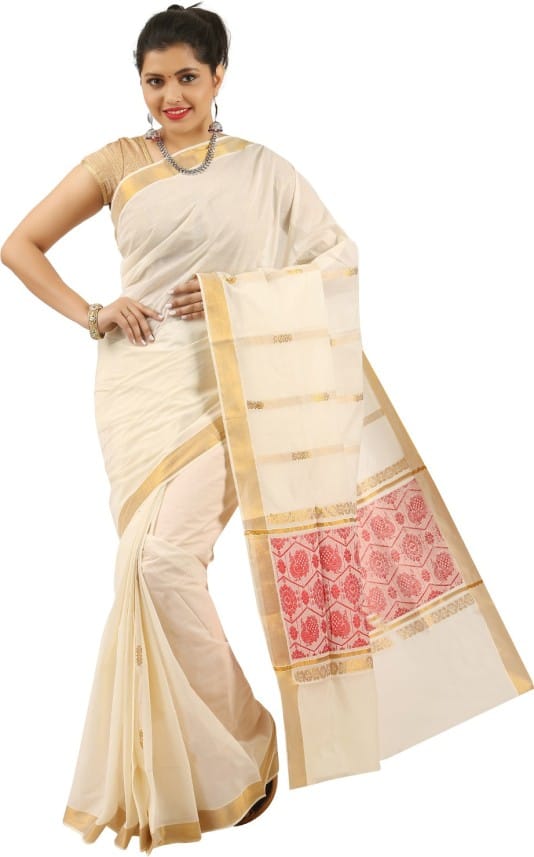 Self Design Kasavu Cotton Blend Saree (Beige)