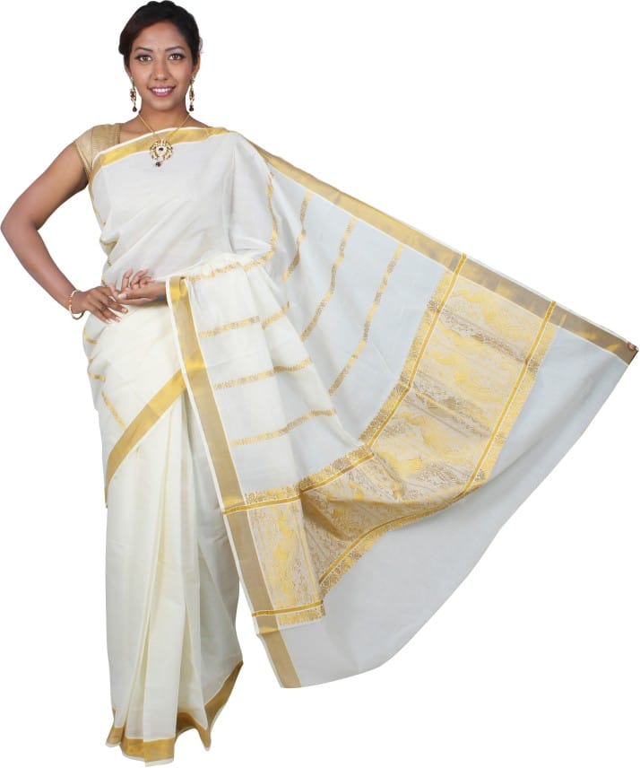 Self Design Fashion Cotton Blend Saree (White)