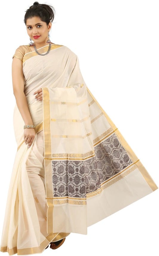 Self Design Fashion Cotton Blend Saree (Beige)