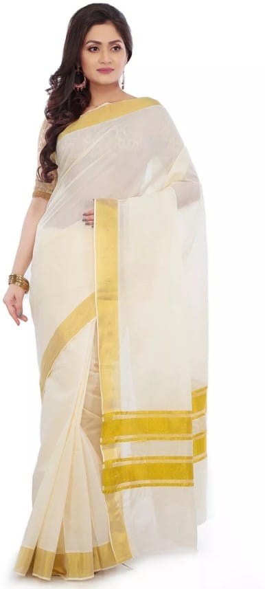 Solid Kasavu Cotton Blend Saree (Beige)