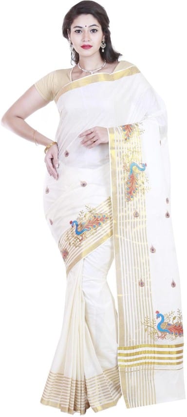 Embroidered Kasavu Handloom Cotton Blend Saree (White)