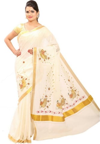 Embroidered Fashion Cotton Blend Saree (White)