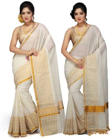 Solid Balarampuram Handloom Cotton Blend Saree (Pack of 2, Gold)