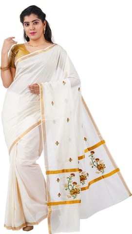 Embroidered Kasavu Pure Cotton Saree (White)