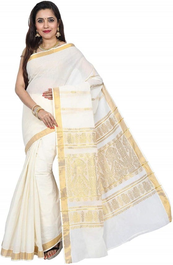 Self Design, Solid Kasavu Cotton Blend Saree (Gold)