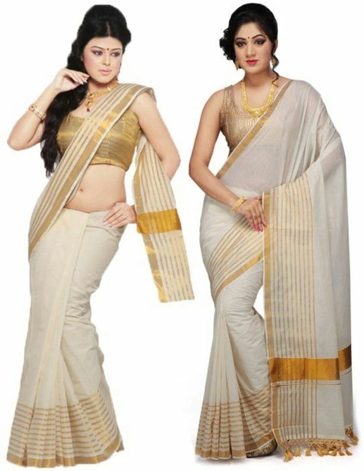 Solid Balarampuram Handloom Cotton Blend Saree (Pack of 2, Gold)