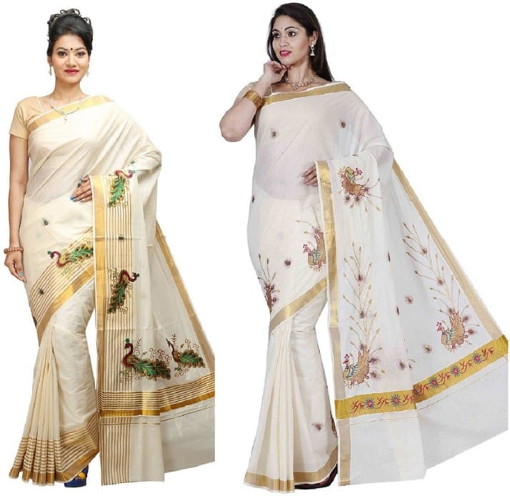 Self Design Kasavu Cotton Blend Saree (Pack of 2, White)