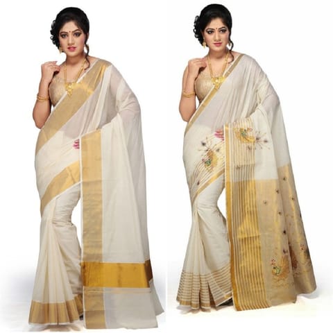 Solid Kasavu Cotton Blend Saree (Pack of 2, White)