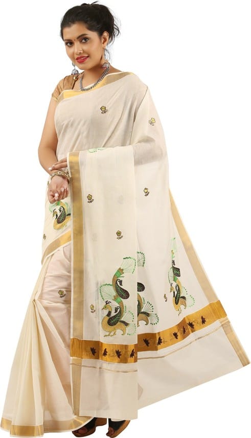 Printed, Embroidered Bollywood Cotton Blend Saree (White)