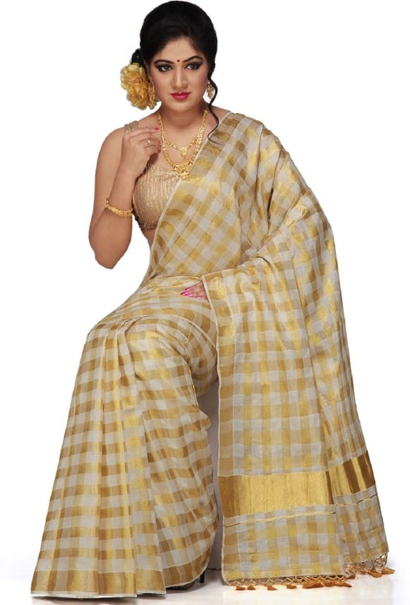 Checkered Fashion Cotton Blend Saree (Cream)