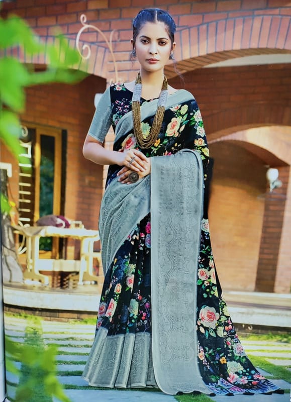 Semi Kora Cotton Allover Design Saree Grey with Zari Border SKC01