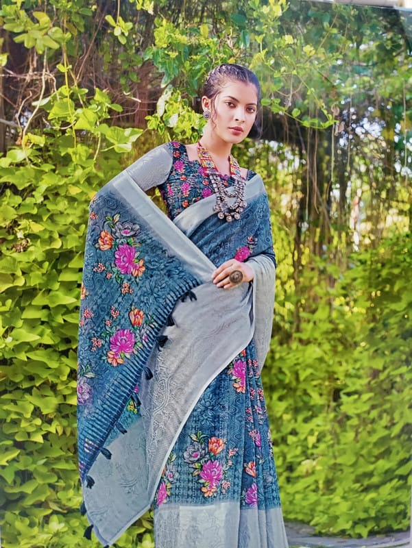 Linen Hand Paint With Silver Border Saree