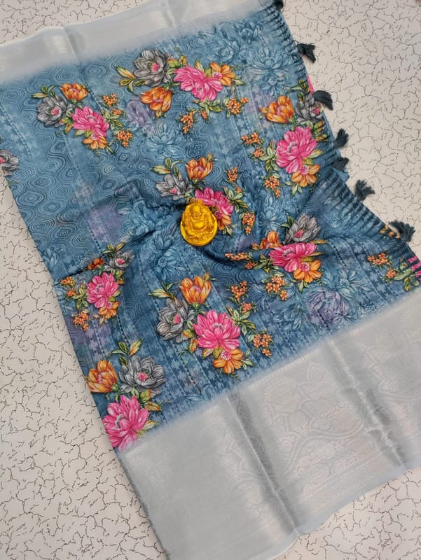 Linen Hand Paint With Silver Border Saree