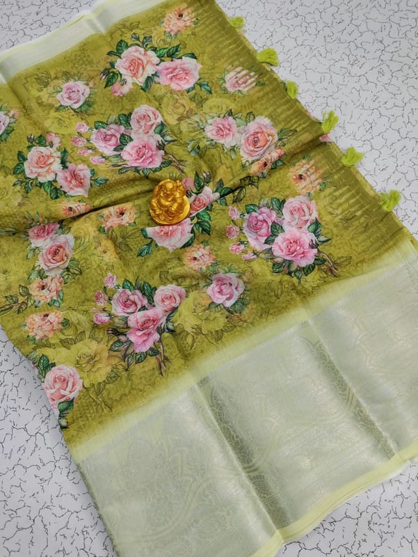 Linen Hand Paint With Silver Border Saree