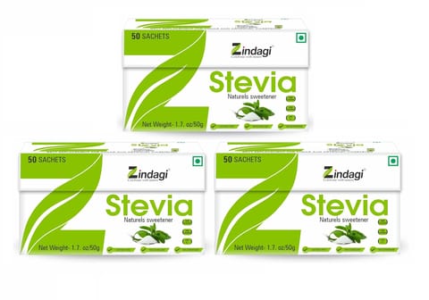 Zindagi Stevia Powder Sachets | 100% Natural Sugar-Free Sweetener | Zero Calorie Sweetener |Diabetic friendly | 50 Sachets |Pack Of 3