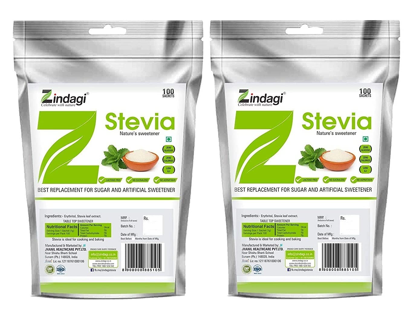 Zindagi Stevia Sugar Sachets |100% Natural Sweetener | Zero Calorie Sweetener | 100 Sachets |Pack of 2