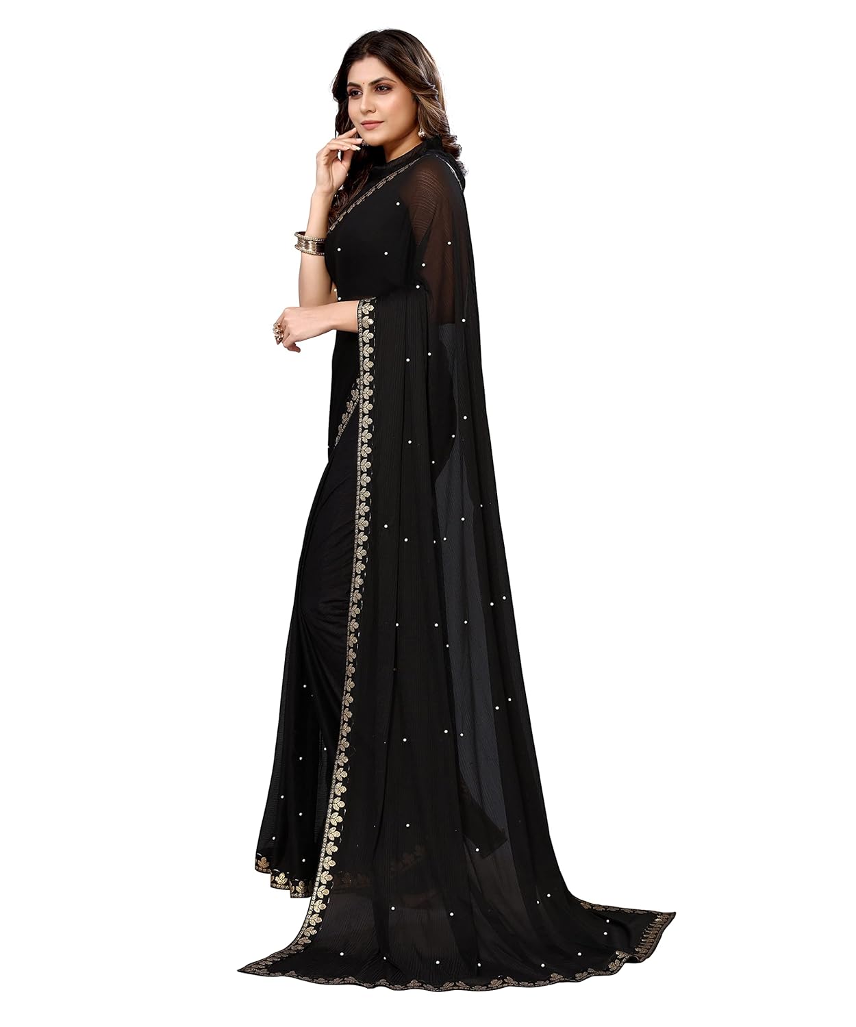 Tarshika Women's Lycra Blend Saree With Blouse Piece (AARIYA BLACK)