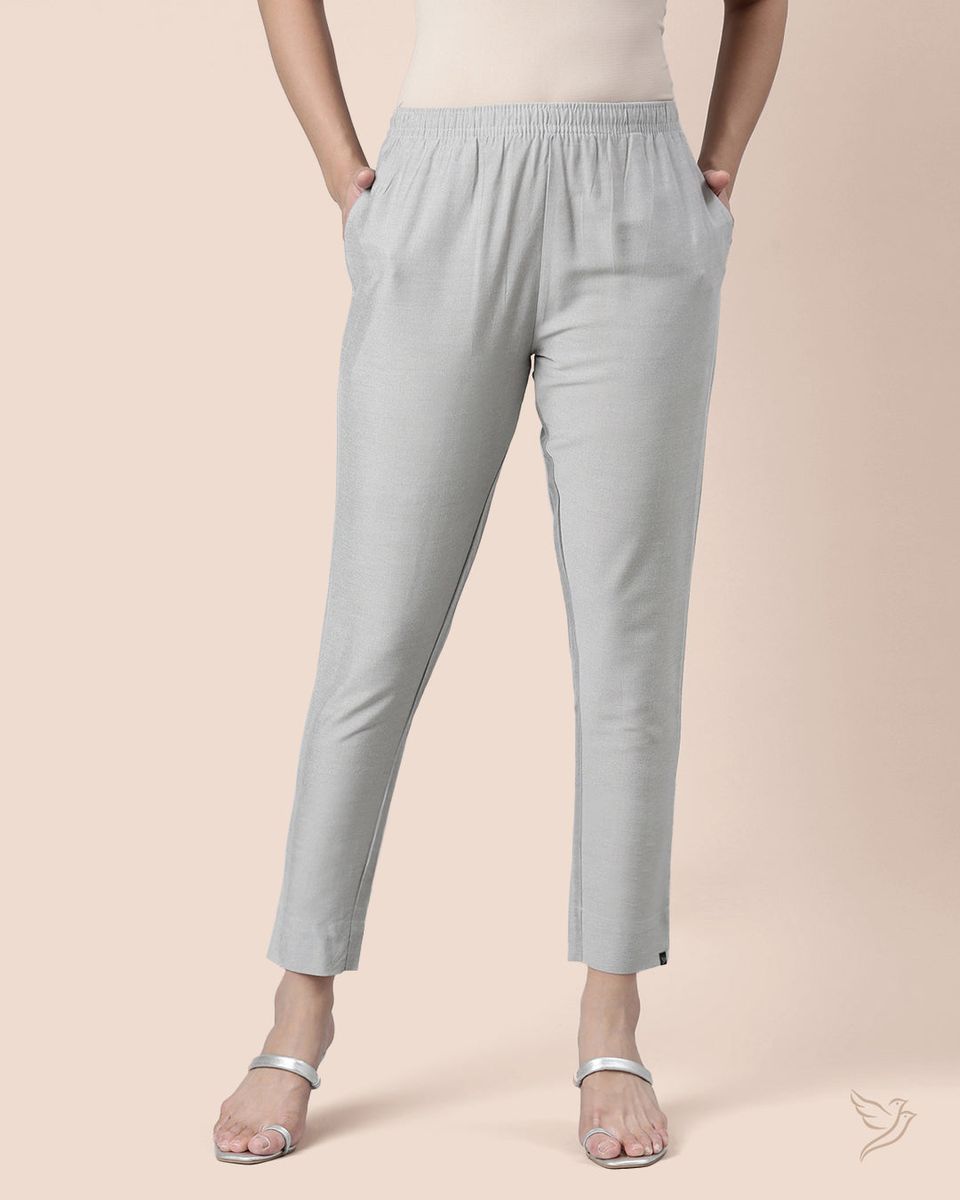 Women Straight Pant Metallic Silver String