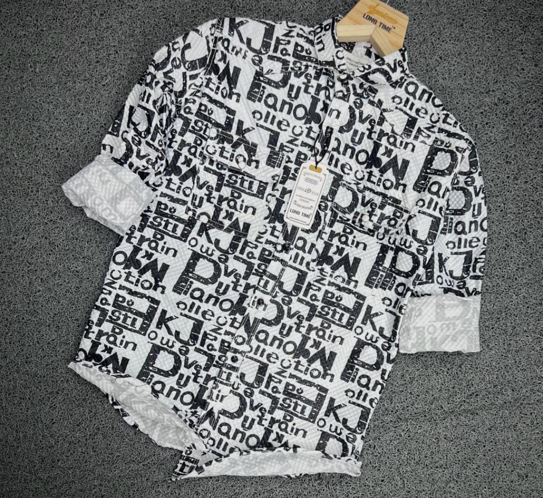 Mens Full Sleeve Popcorn Fabric Printed Shirt Black And White