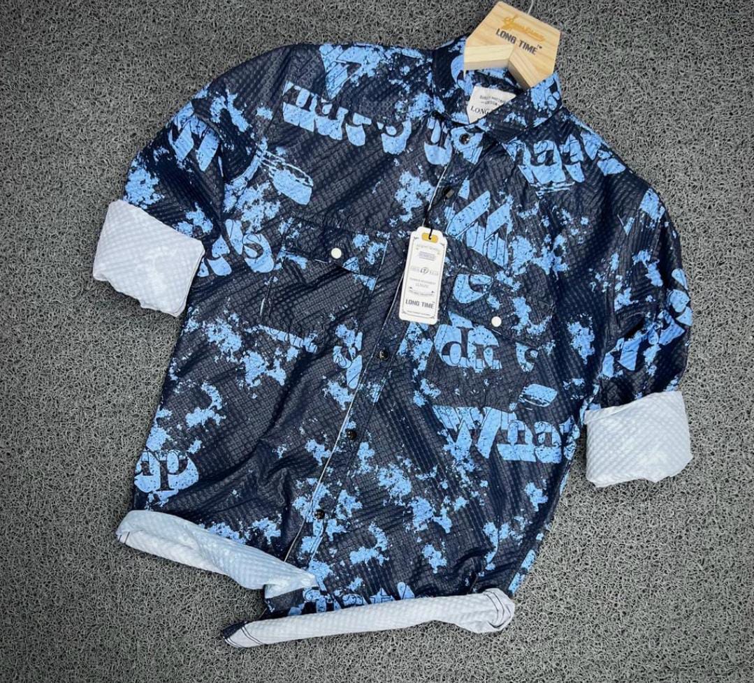 Mens Full Sleeve Popcorn Fabric Printed Shirt Blue