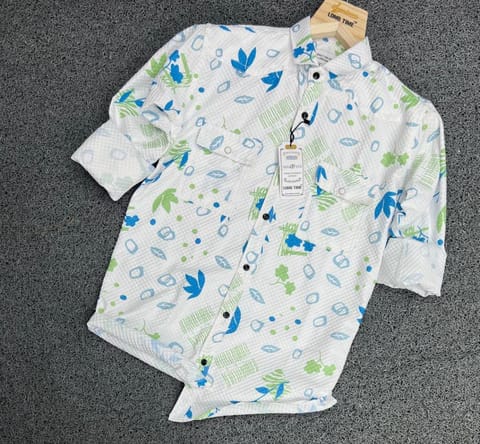 Mens Full Sleeve Popcorn Fabric Printed Shirt White