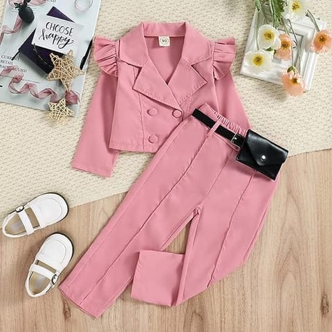 Kids Girls Clothes Set Girl Blazer Suit Long Sleeve Ruffle Button Jacket Blazers Tops High Waist Casual Pants with Belt Bag (Pink)