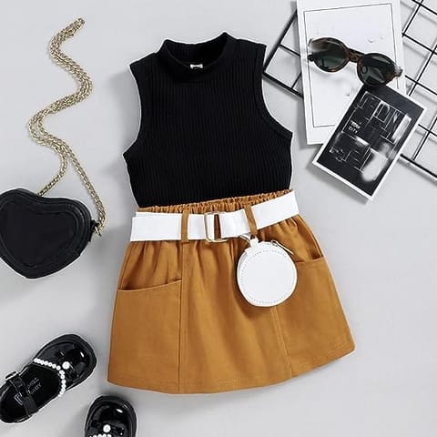 Kids Baby Girl Sleeveless Clothes Black T Shirt Brown Skirt With Bag Outfits Little Kid Birthday Clothing Sets