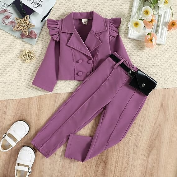 Kids Girls Clothes Set Girl Blazer Suit Long Sleeve Ruffle Button Jacket Blazers Tops High Waist Casual Pants with Belt Bag Pink