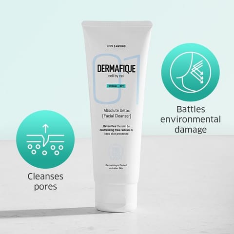 Dermafique Absolute Detox Facial Cleanser Exfoliating Face wash for Normal To Dry Skin, with Vitamin E and Pomegranate extracts, Oil-Free, deep cleanses pores, Fights pollution effects, Dermatologist Tested (100Ml)