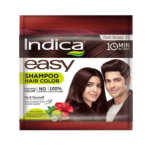 Indica Easy Do-It-Yourself 10 Minutes Hair Color Shampoo with 5 Herbal Extracts, 100% Ammonia Free, Long Lasting Formula (12.5g + 12.5ml) - Dark Brown Colour (Gloves Included)