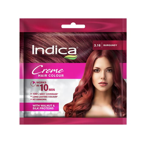 Indica Creme 10 Minutes Hair Color, Long Lasting Colour, 100% Ammonia Free with Walnut and Silk Proteins, (20g + 20ml) - Burgundy