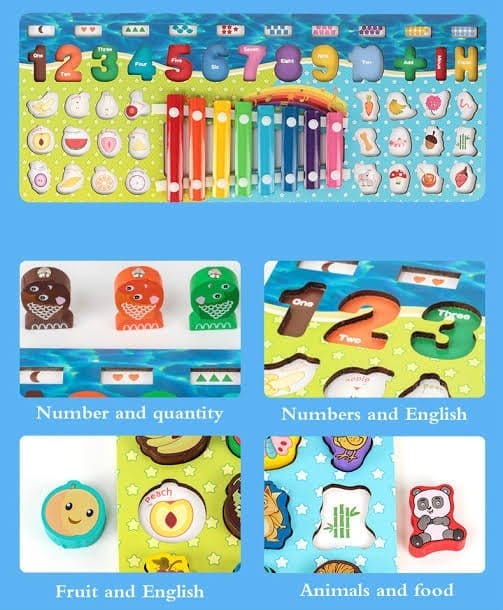 5-In-1 Matching Board Children 's Fruit Animal Cognition Fishing Logarithmic Puzzle With Xylophone Early Education Wooden Toys