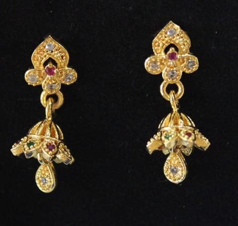S L GOLD 1 Gram Gold Micro Plated Traditional Ruby and White AD Stone jumka for Women and Girls