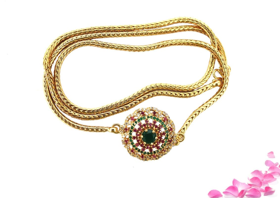 S L GOLD 1 Gram Micro Plated AD Stone Red, Green & White flower design A12 Mugappu 24" Chain