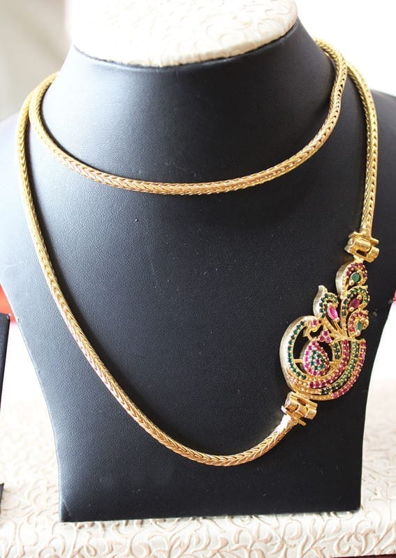 S L GOLD 1 Gram Gold Micro Plated AD Stone Peacock Design D2 Mugappu 24" Chain for Women